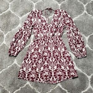 Pink Owl Burgundy Boho  Floral Print Mini Dress